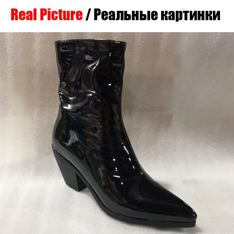 BONJOMARISA/Новинка, большие размеры 31-46, черные лакированные ботинки из Pu искусственной кожи, женские модные ботильоны «Челси» женская обувь на высоком каблуке г. Женская обувь