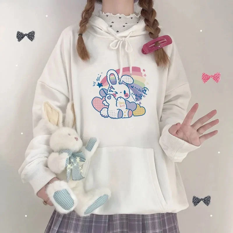 HOUZHOU Anime Hoodie Women Kawaii Cute Rabbit Print Pullovers Aesthetic Soft Girl Long Sleeve Oversize Sweet Sweetshirts Fashion