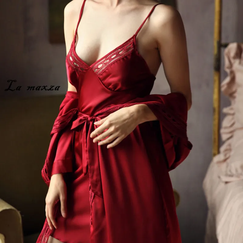 

Plus Size Sleepwear Sets 2020 Womens Sexy Nightgown Hollow out Midi Sleepwear Robe