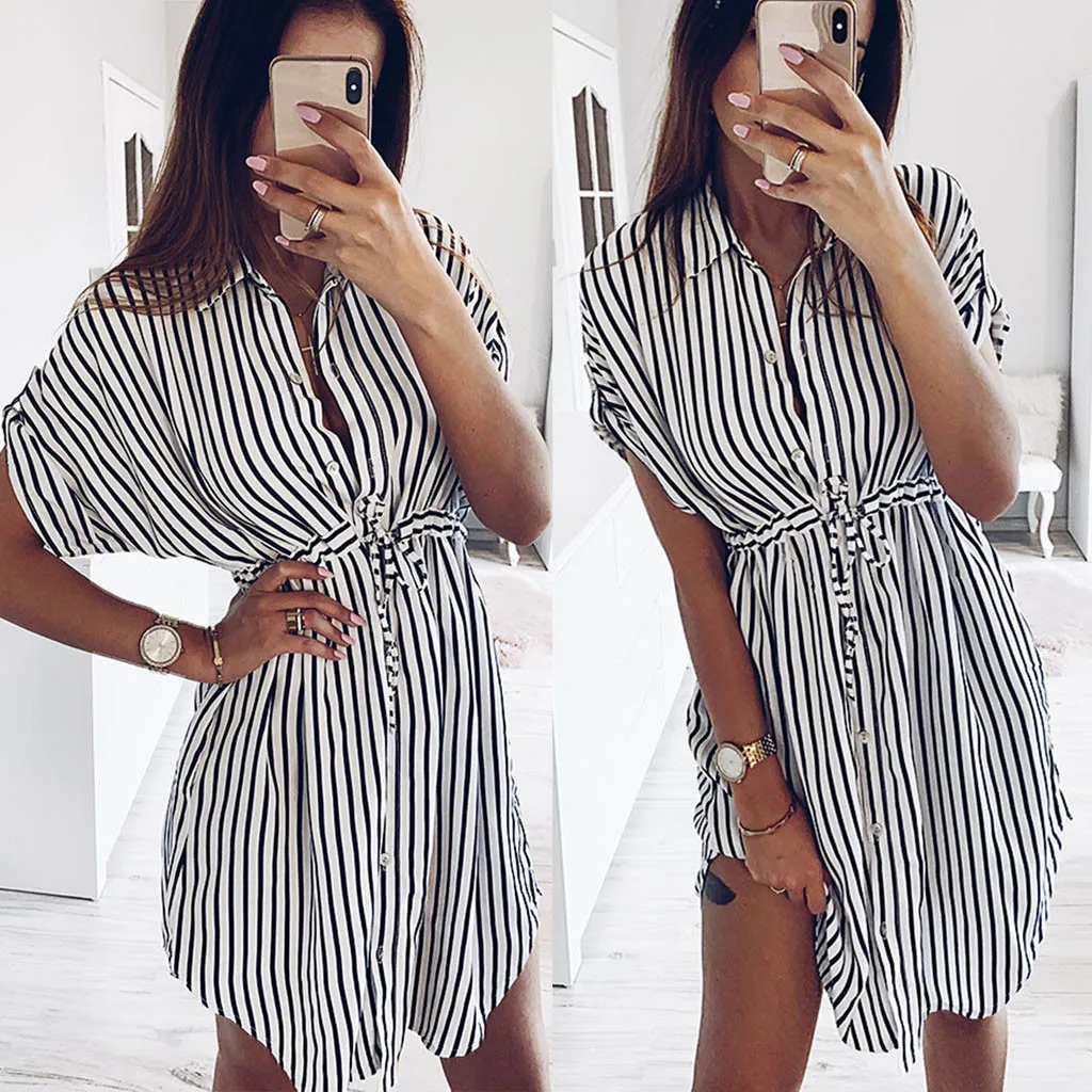 @ Fashion Womens Office Dress Drawstring Bandage Short Sleeve Stripe Print Lapel Shirt Dresses Woman Party Night | Женская одежда