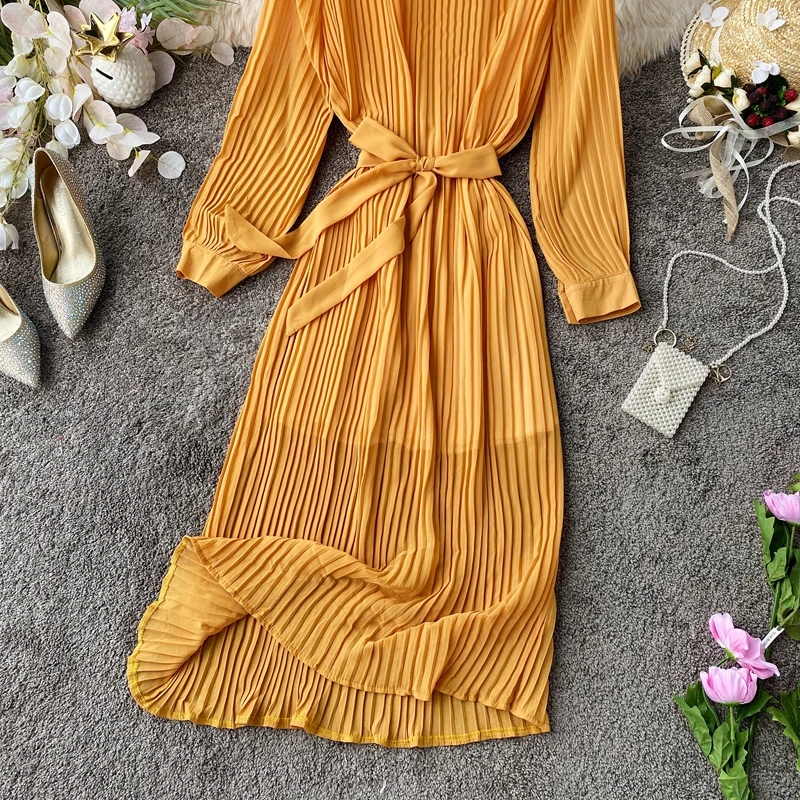 

Elegant women spring autumn dress Pleated ladies midi dress High waist Holiday Solid color Long sleeve vestidos