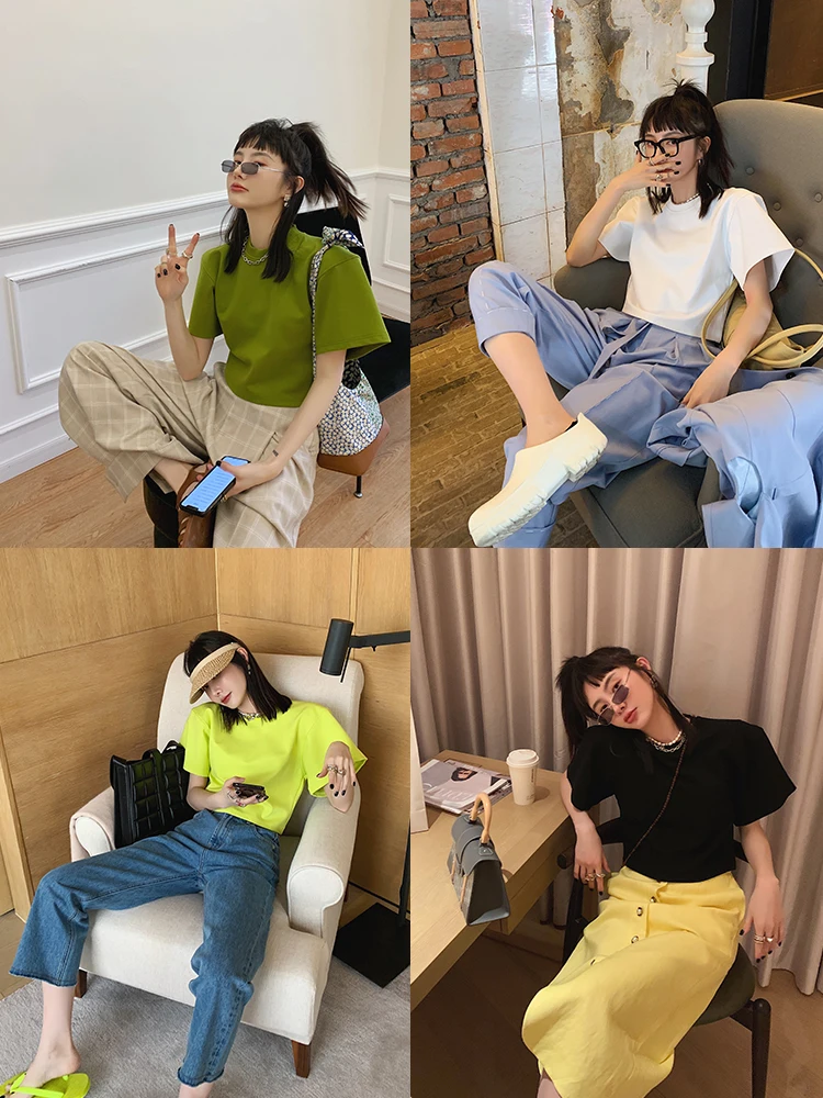 

Luxe High Quality Tee 2021 Shirt Solid Color Basic T Shirt Women Casual Female O-neck Harajuku Summer Top Korean Hipster Black