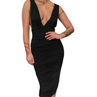 new women sexy v neck dress solid color night club dress for ladies fold long women party dress drop shipping