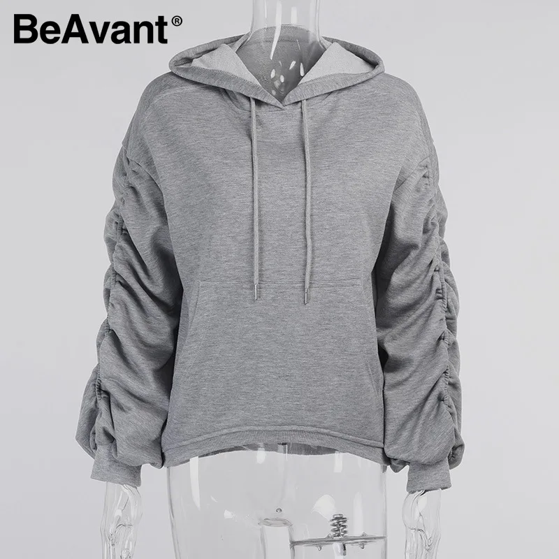 

BeAvant Casual white autumn winter fleece sweatshirt Elastic pleated long sleeve hoodies Solid color female oversize sweatshirt