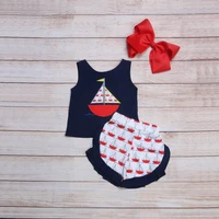 new design baby girls clothes outfits black sailboat sleeveless short sleeve cute mini floral shorts baby beach suit set