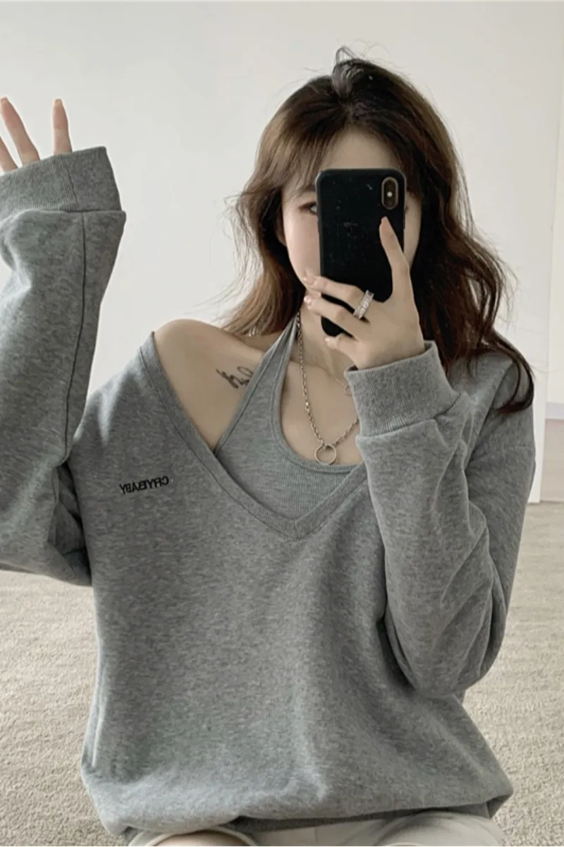 

Women Basic Sweatshirts Solid Women Classic V Neck Long Sleeve 2020 Autumn Winter Pure cotton Loose Pullover Tops