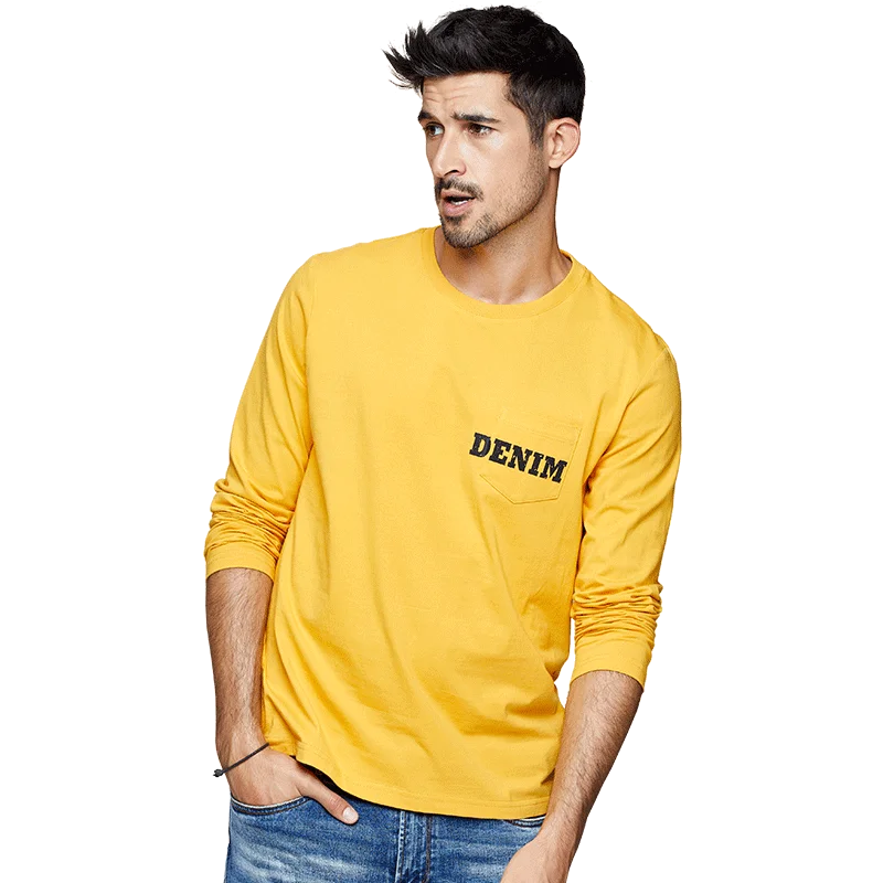 

KUEGOU 100% cotton t shirt men' long sleeve T-shirt Europe Pocket decoration Fashion tshirt pure color top size ZT-7720