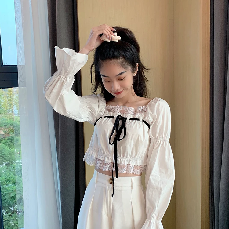 

2021 Girl Women Blouse Sexy Summer Slash Neck Sweet Ribbon Bow Shirt Female Blusas Petal Long Sleeve Lace Japanese Short Shirt