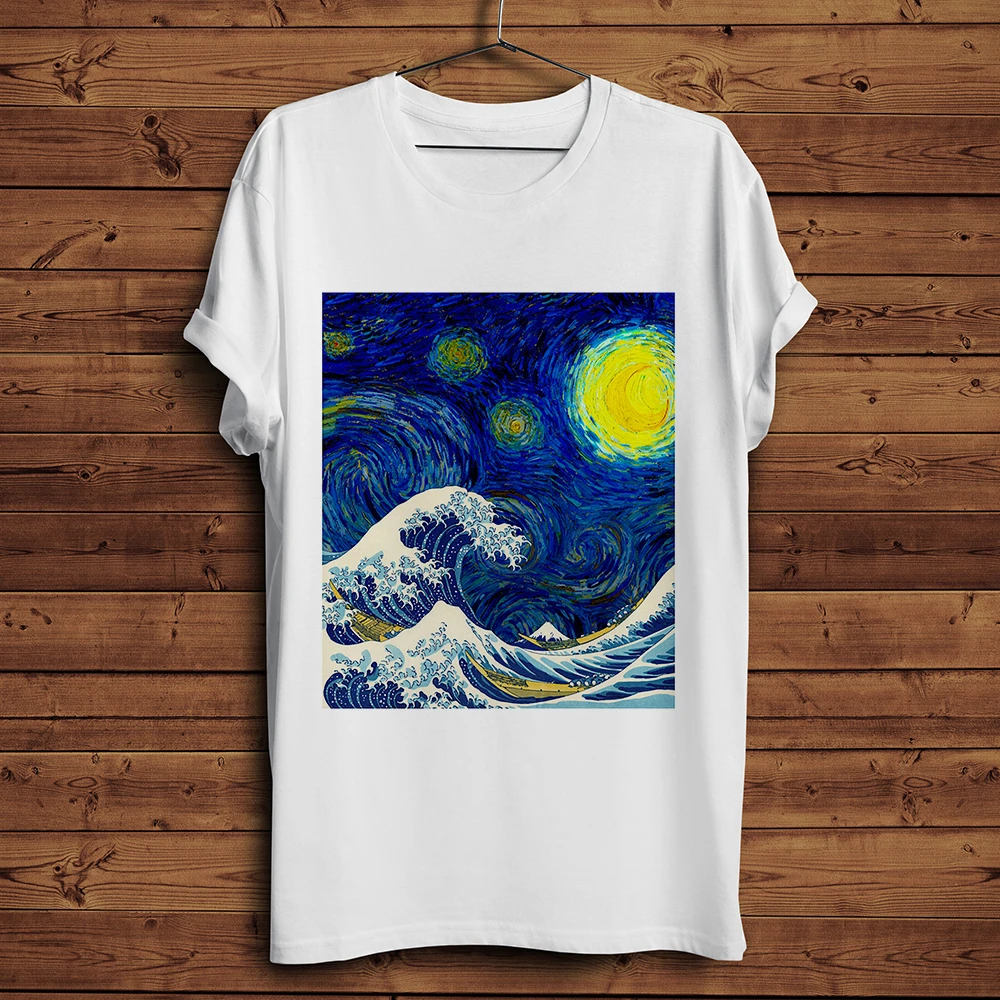 Забавная Винтажная Футболка The Great Wave off Kanagawa mix Звездная ночь мужская белая