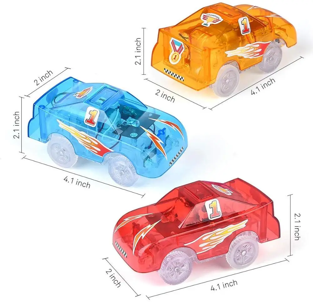 

Track Cars Light Up Toy Cars with 5 LED Lights, 4 Pack Replacement Race Cars Compatible with Dinosaur Tracks and glow Tracks