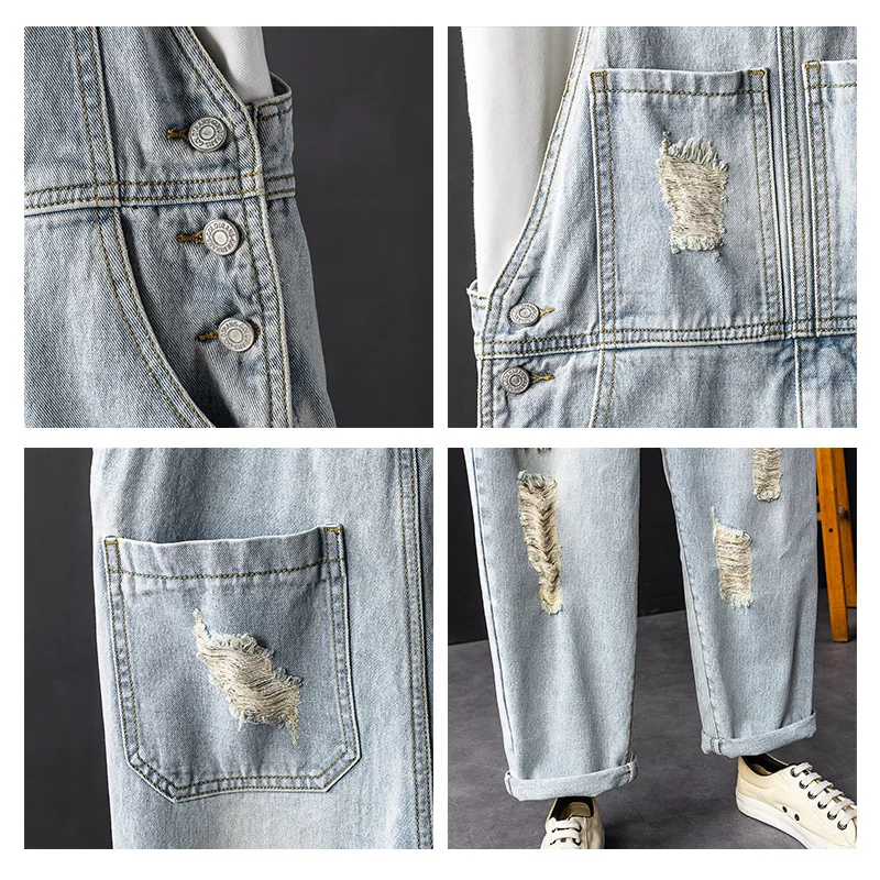 Men Denim Hole Bib Overalls Loose Fashion Hip Hop Streetwear Jumpsuit Light Blue Tattered Wide Leg Jeans Pants Freight Trousers