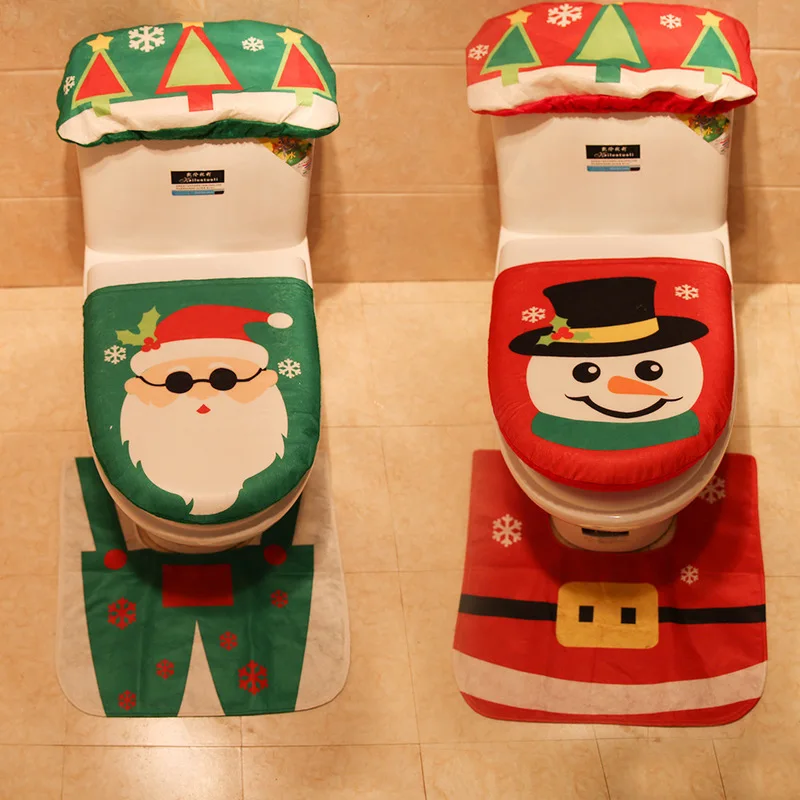 

3PCS Super Soft Fabric Toilet Cover Christmas Party Decorations Snowman Santa Claus Toilet Seat Cover and Rug Set
