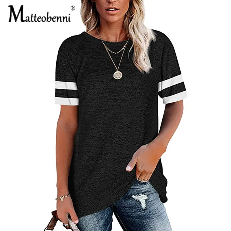 

Fashion Casual O Neck Stitching Short Sleeve Top Women's T Shirt 2021 Spring Summer New Striped Loose Ladies Streetwear Tops Tee