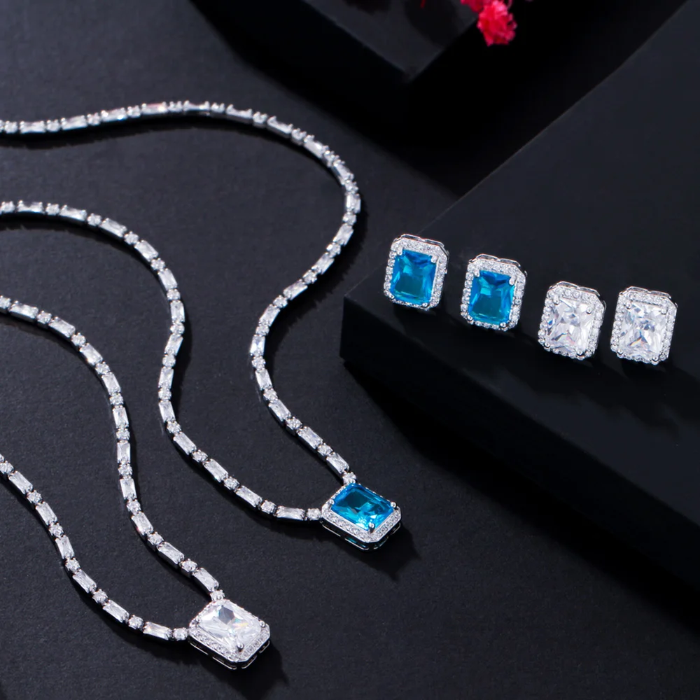 Ожерелье и серьги-подвески женские квадратные с светильник бым фианитом