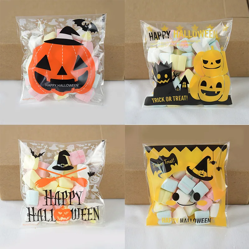 

50pcs 10x10cm Self Adhesive Candy Bags Cartoon Halloween Treat Bags Cookies Biscuits Package Happy Halloween Party Supplies