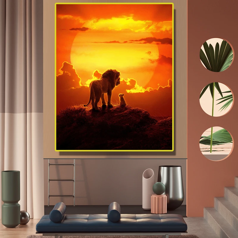 Картина на холсте африканский дикий плакат со львом под Золотой закат животные