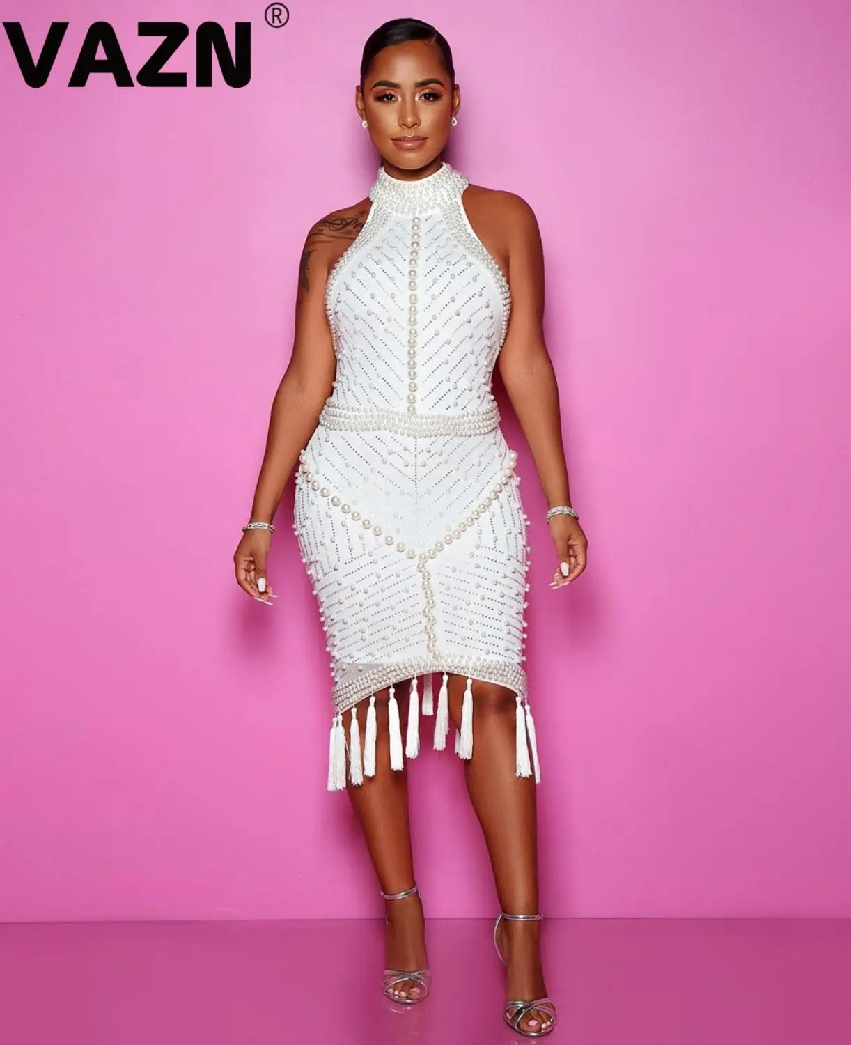 VAZN Top design 2020 summer sexy lady white black sheath dress backless pearl tassel bohemian fashion | Женская одежда
