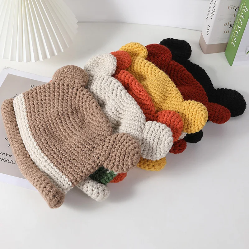 Fashion Autumn Winter Knitted Bucket Hat Women Bear Ear Plush Fisherman Hat Soft Warm Basin Hat Girls Ear Protection Beanie Hats