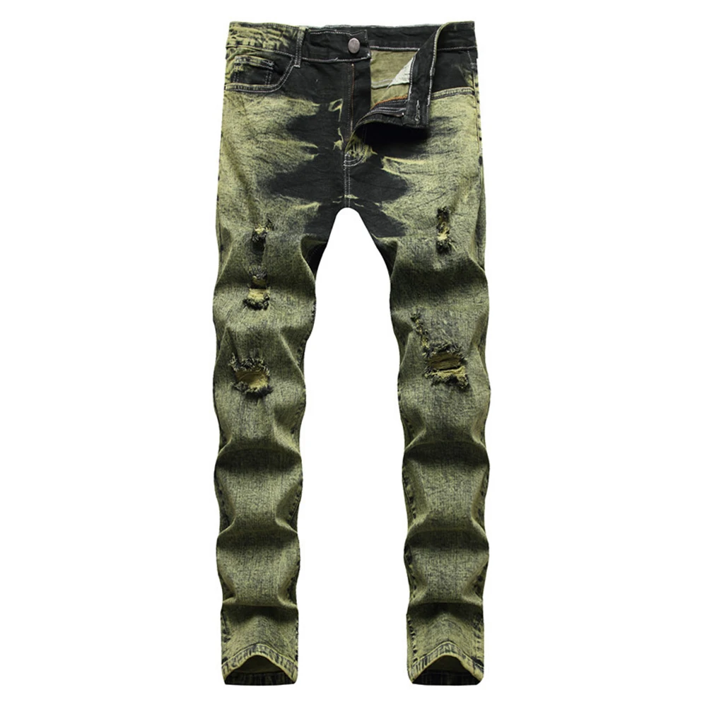 Men Tie and Dye Stretch Cotton Denim Jeans Trendy Holes Ripped Slim Straight Pants Green Trousers