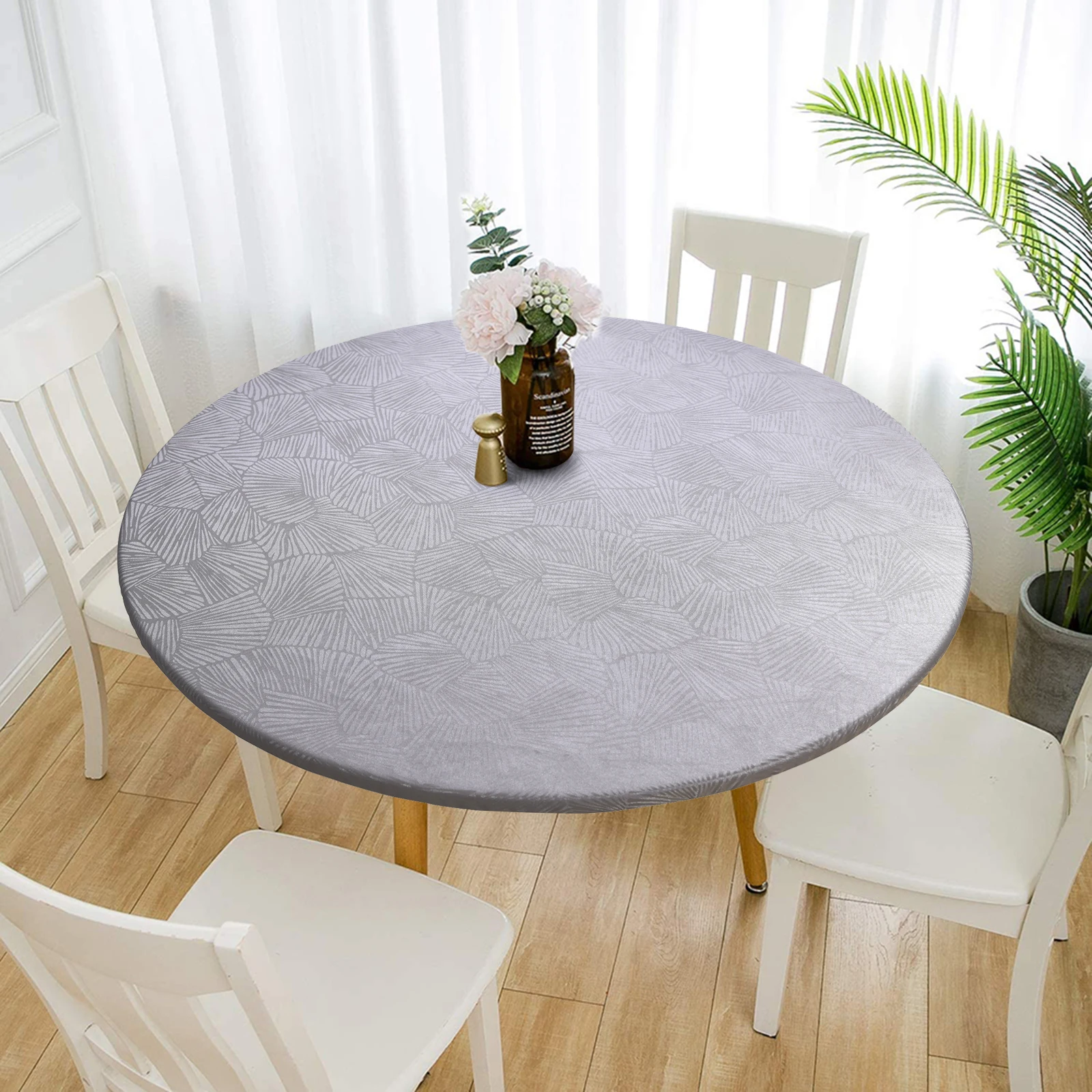 Elastic Edged Vinyl Fitted Tablecloth Indoor Outdoor Round Cocktail Table Cloth Flannel Backed Oil-proof Waterproof Wipeable