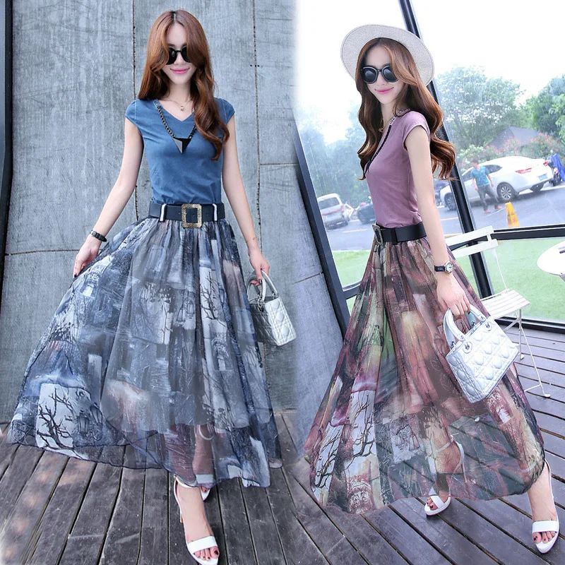 

2021 Summer Women's Clothing Fashion Casual V-neck Short-sleeved T-shirt Chiffon Midi Skirt Two-piece Suit Waist Was Thin