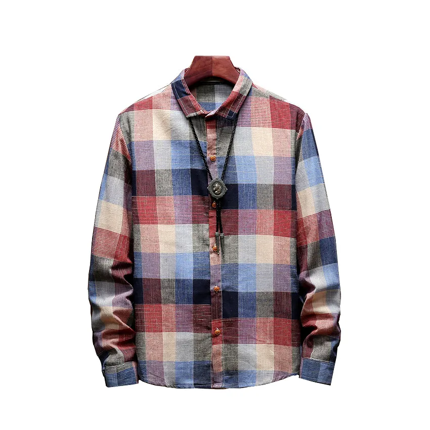 Однобортная Мужская рубашка в клетку из хлопка с отложным воротником и длинными