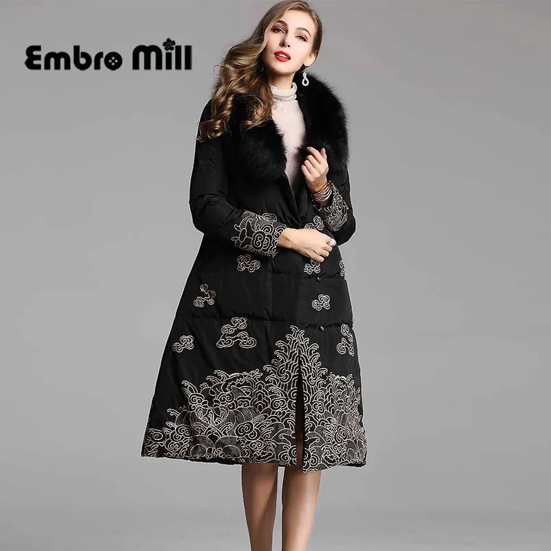

Royal embroidery flowers Down Jacket coat women winter flowers vintage lady floral loose White duck Down Parkas female S-XXXL