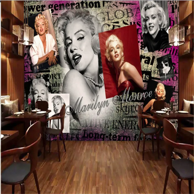 

Europe and America Retro Hollywood Starts Mural Wall Paper 3D Restaurant Clothing Store Marilyn Monroe Hepburn Photo Wallpapers