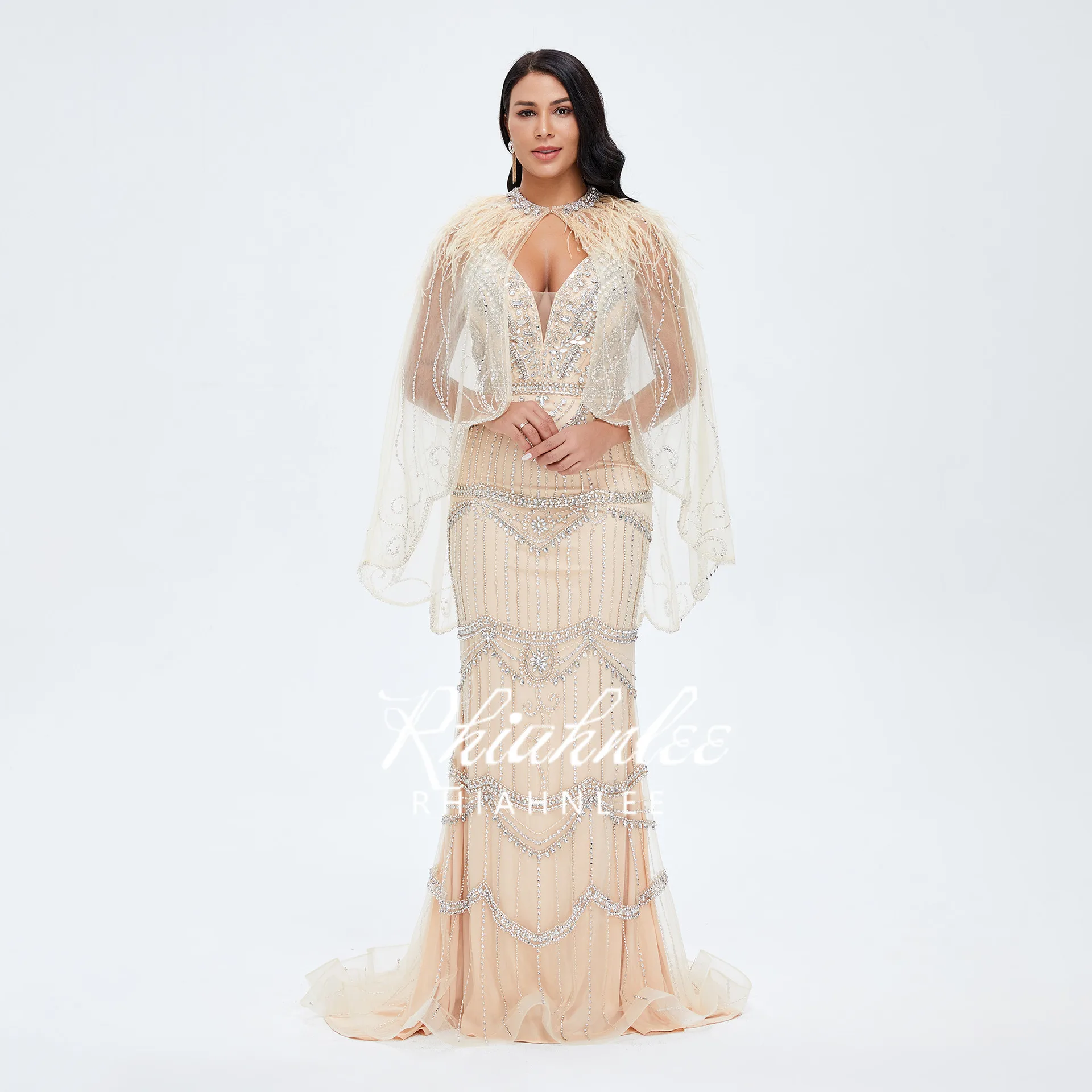Роскошные вечерние платья Rhiahnlee с бисером запахом перьями V-образным вырезом
