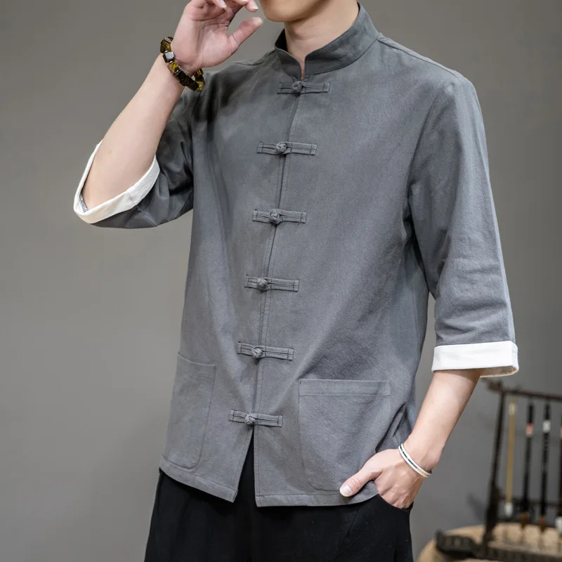 

Summer 2020 Men's New Vintage Plate Buttons Stand Collar Solid Color Large Half Sleeve Shirt Top