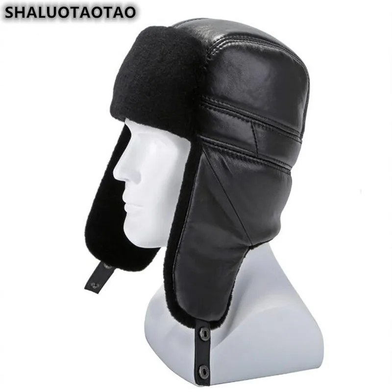 

SHALUOTAOTAO Men's Genuine Leather Hat Winter Thicken Thermal Bomber Hats Fashion Sheepskin Velvet Ear Protectors Dad's Cap New