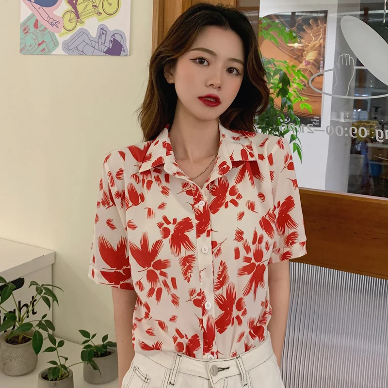 Пикантная женская летняя новая рубашка в гонконгском стиле с цветочным принтом и