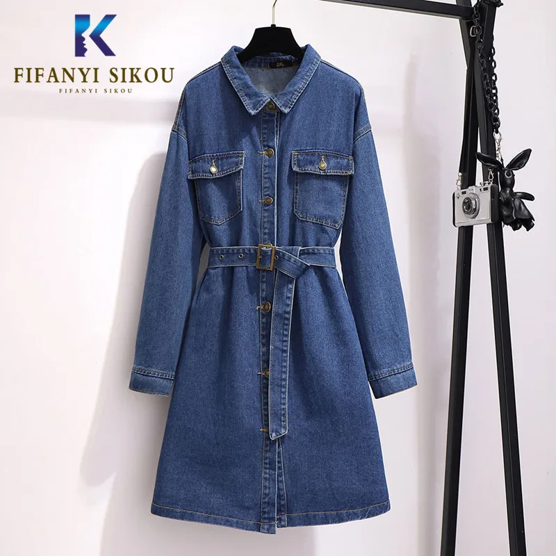 Зимнее женское джинсовое платье с поясом длинными рукавами из джинсовой ткани
