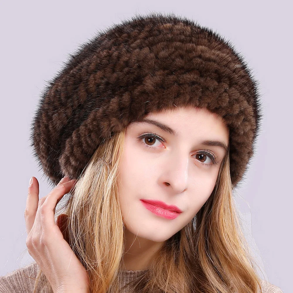 Новинка 2020 стильная зимняя Шапка-бини из натурального меха норки женские вязаные