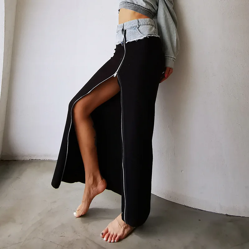 

Denim Skirt 2021 Autumn New Fashion Street Style Denim Contrast Color Stitching High Waist Zipper Split Slimming Hip Skirt Women