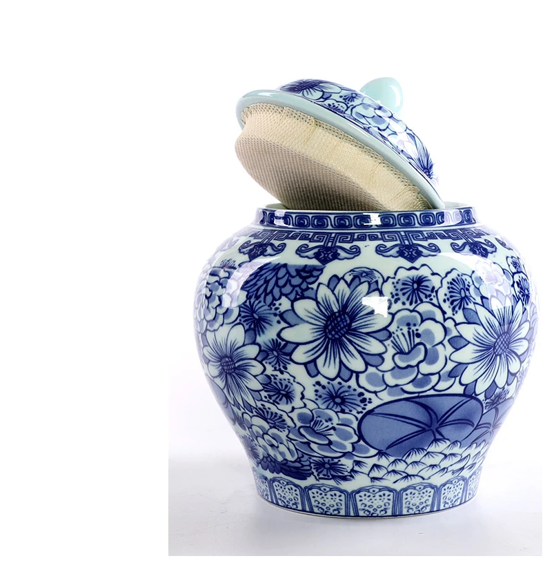 Китайская Ретро чайная банка сине-белая фарфоровая с крышкой Средний
