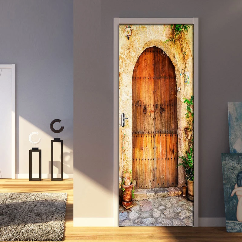 ПВХ Самоклеящиеся дверные наклейки Ретро Уличная деревянная дверь 3D обои для