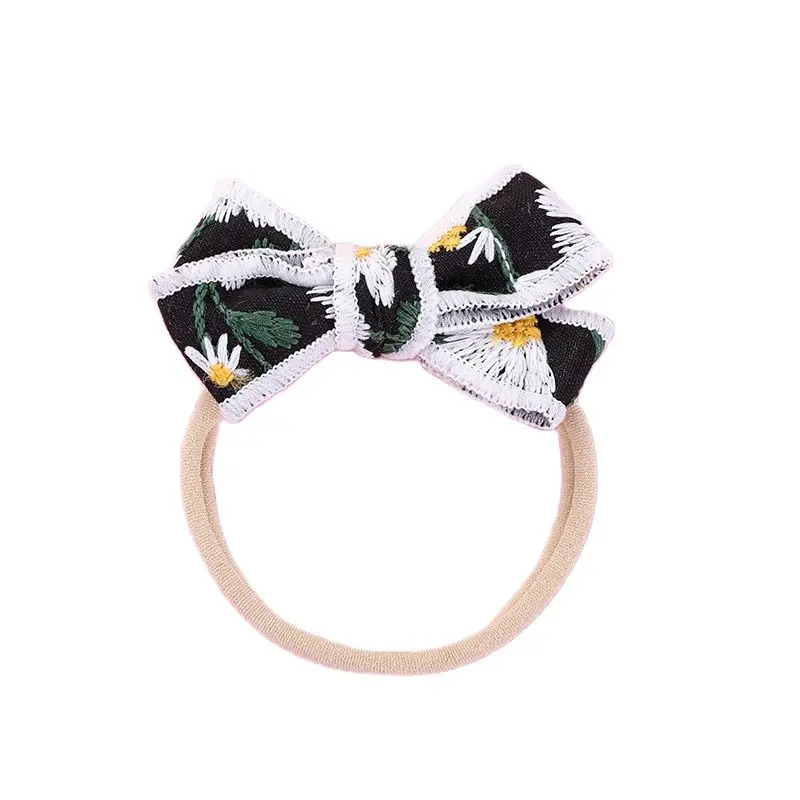 

Kids Girls Embroidery Bows Hairbands Elastic Strethcy Newborn Baby Cotton Linen Nylon Headbands Infants Hair Accessories