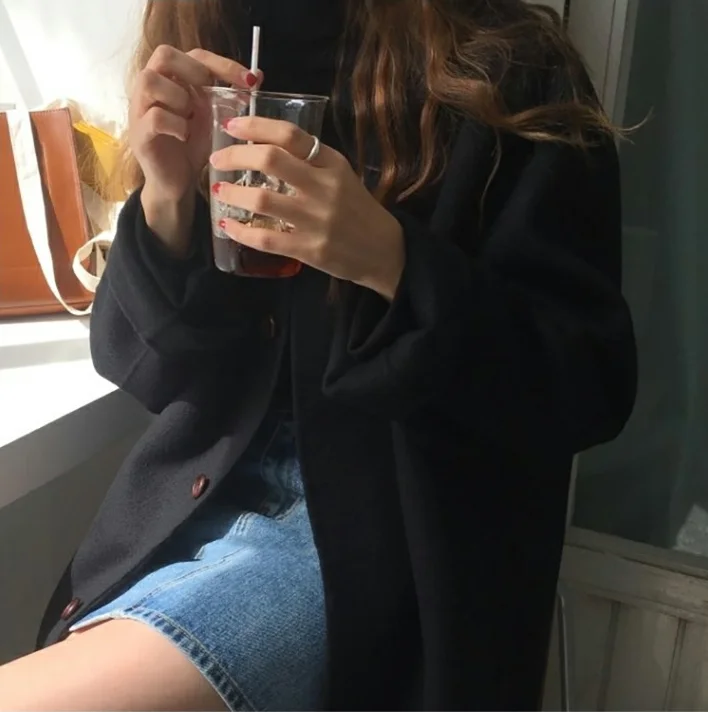 

2020 Women's Autumn Winter New Style European American Large Size Loose Thick Mid-Length Woolen Coat Female Black S-XL