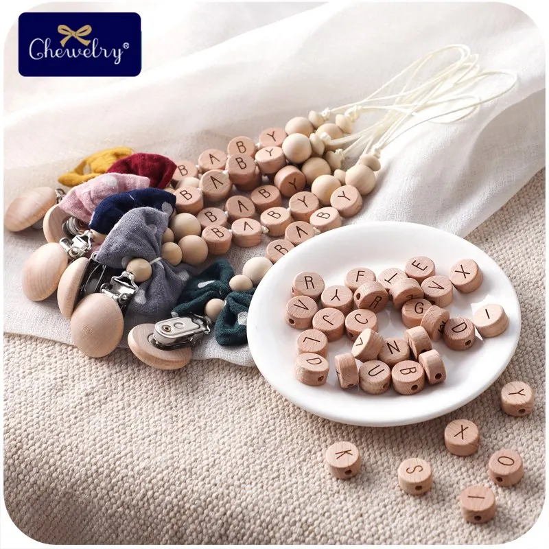Collar de cuentas de madera para dentici&oacute;n de beb&eacute;, colgante de grado alimenticio con letras en ingl&eacute;s, accesorios para chupete, Clips de dentici&oacute;n Natural, 30 Uds.-0