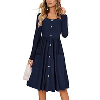 summer dress women elegant midi club vintage long sleeve a line solid button empire o neck robe fille bodycon pocket ropa mujer