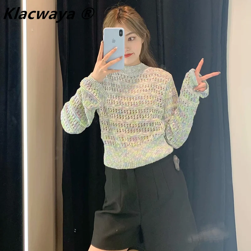 

Klacwaya 2021 Spring New Round Neck Short Knitwear Hollow Out Long Sleeve Multicolor Sweater