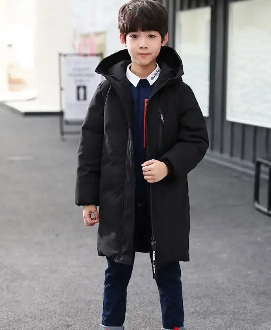 Черный Winter Casual Children Down Cotton Jackets Hooded Printed Kids Snow Long Parka Clothes Thicken Warm Teen Boys Overcoats 5-14T - Цвет: Черный