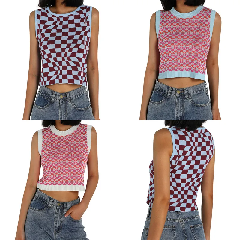 Женская Трикотажная майка в рубчик Y2K летние клетчатые базовые майки без рукавов