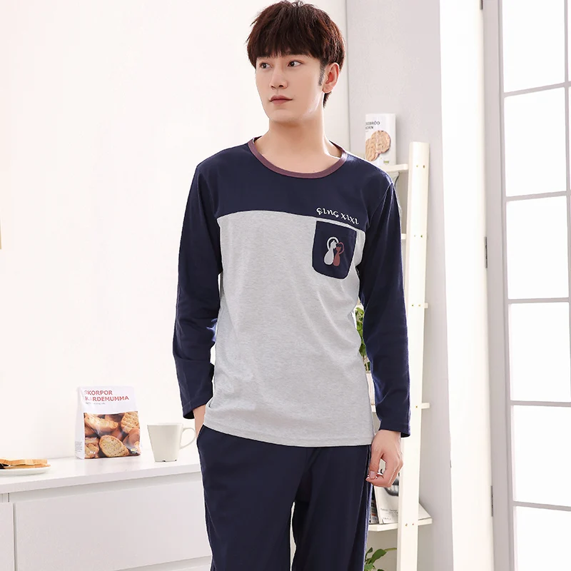 Хлопковые Пижамные комплекты с длинным рукавом для мужчин осенние пижамы