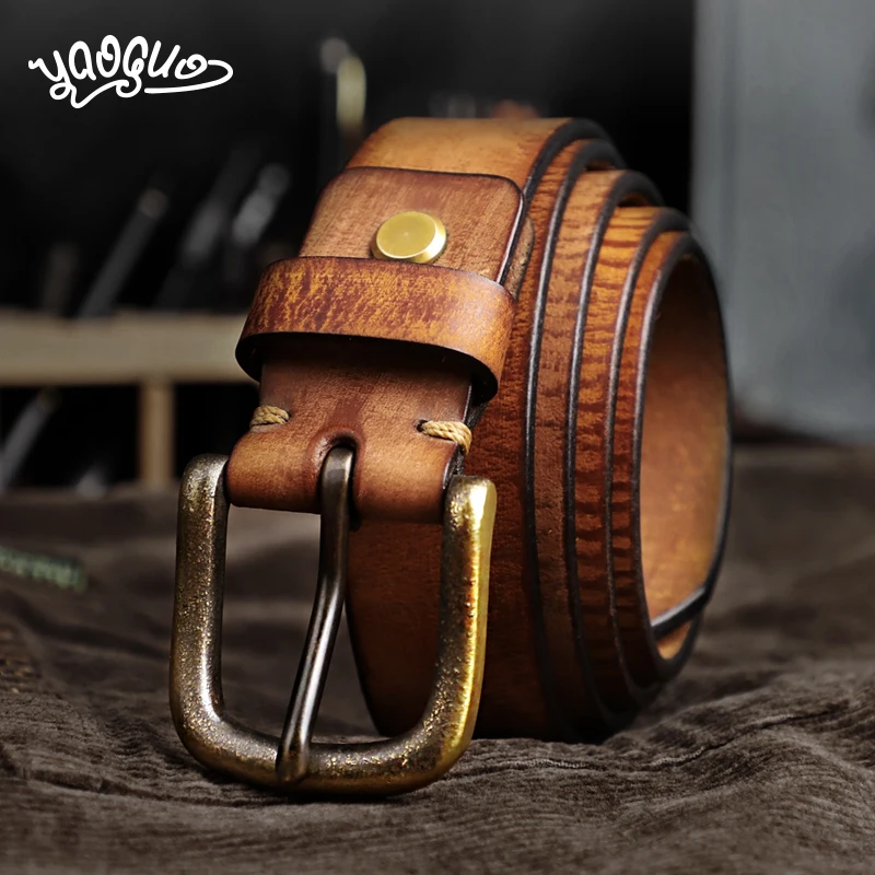 Retro Top Cow Leather Men&#39;s Belt Handmade Genuine Leather Copper Buckle Strap Male Jeans Cowboy