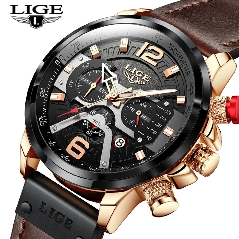 

LIGE Brand Men Watches Waterproof Leather Military Sport Chronograph Quartz Watch for Men Wrist Watch Fashion Erkek Kol Saati