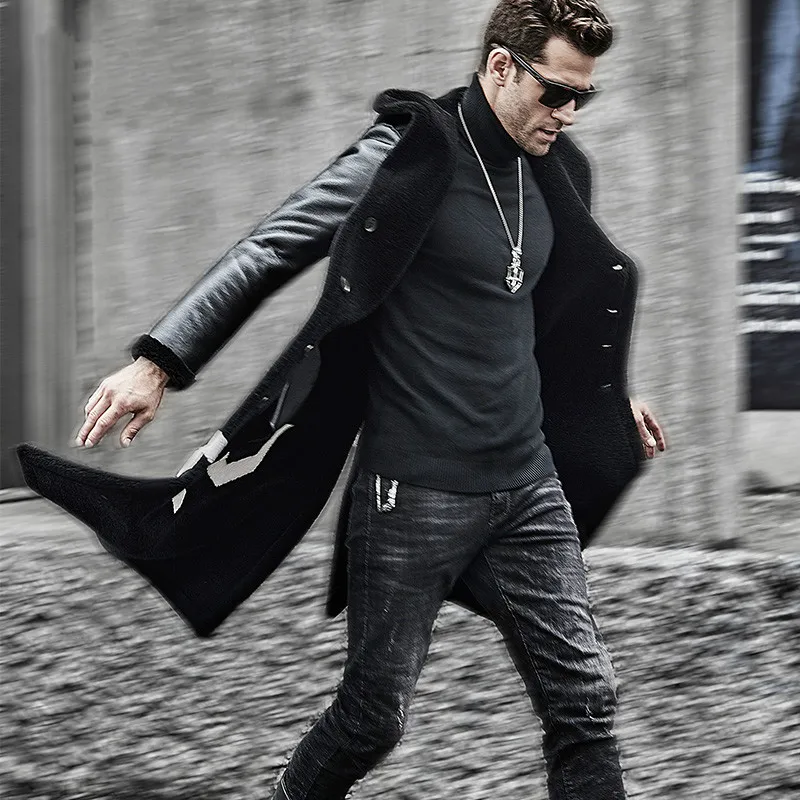 

Fashion Mens Leather Windbreaker Long Sheep Shearing Wool Coat Hooded Fur Men's Double-sided Wear Sheepskin Leather Jacket Men