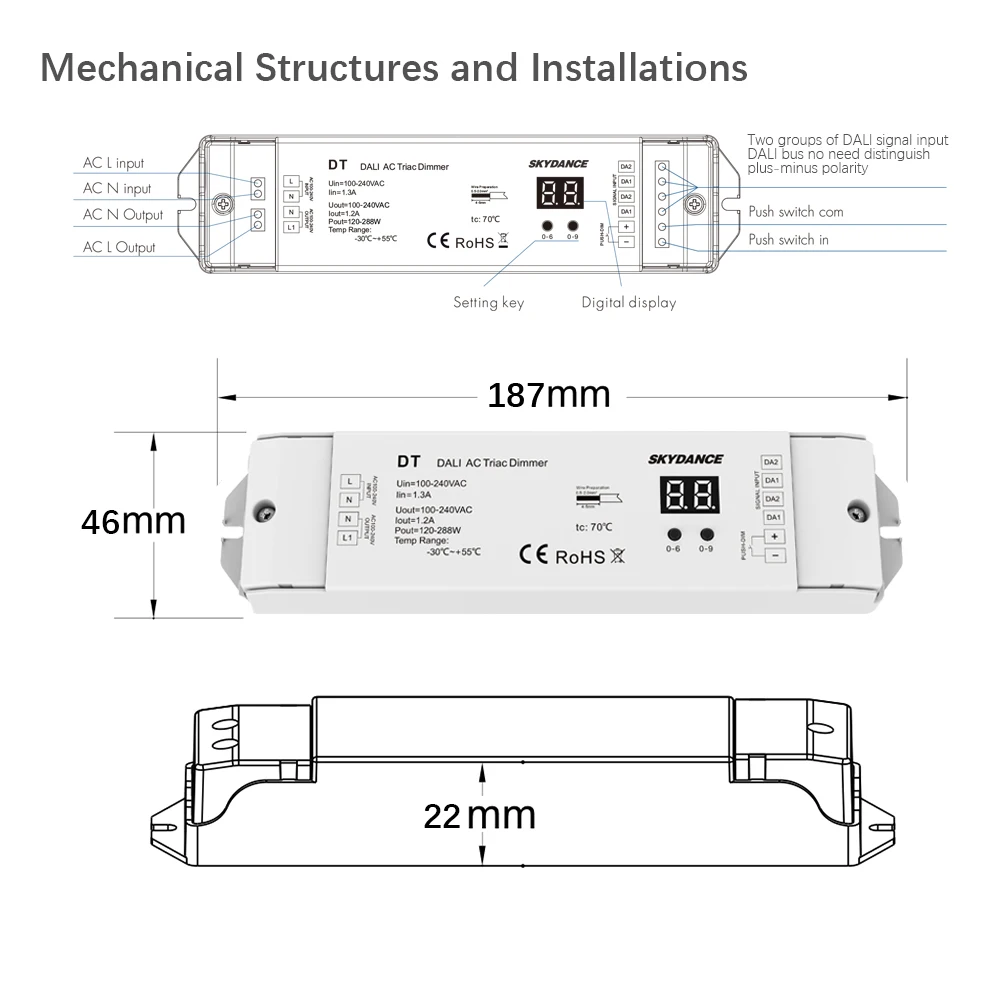 AC100-240V одноканальный Triac DALI диммер 288 А Вт Цифровой дисплей для диммируемой