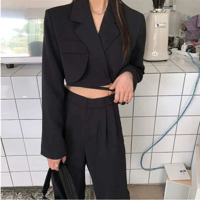 

2 Piece Sets Womens Outfits Ladies Casual Crop Top Long Sleeve Sexy Lace Up Short Coat + High Waist Wide Leg Long Pants Suits